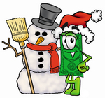 Clip Art Graphic of a Flat Green Dollar Bill Cartoon Character With a Snowman on Christmas