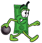 Clip Art Graphic of a Flat Green Dollar Bill Cartoon Character Holding a Bowling Ball