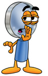 Clip Art Graphic of a Blue Handled Magnifying Glass Cartoon Character Whispering and Gossiping