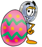 Clip Art Graphic of a Blue Handled Magnifying Glass Cartoon Character Standing Beside an Easter Egg