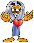 Clip Art Graphic of a Blue Handled Magnifying Glass Cartoon Character With His Heart Beating Out of His Chest