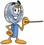 Clip Art Graphic of a Blue Handled Magnifying Glass Cartoon Character Holding a Pointer Stick