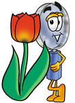 Clip Art Graphic of a Blue Handled Magnifying Glass Cartoon Character With a Red Tulip Flower in the Spring