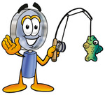 Clip Art Graphic of a Blue Handled Magnifying Glass Cartoon Character Holding a Fish on a Fishing Pole