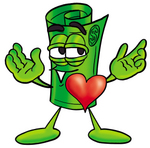 Clip Art Graphic of a Rolled Greenback Dollar Bill Banknote Cartoon Character With His Heart Beating Out of His Chest