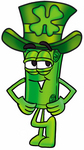 Clip Art Graphic of a Rolled Greenback Dollar Bill Banknote Cartoon Character Wearing a Saint Patricks Day Hat With a Clover on it