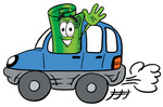 Clip Art Graphic of a Rolled Greenback Dollar Bill Banknote Cartoon Character Driving a Blue Car and Waving
