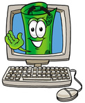 Clip Art Graphic of a Rolled Greenback Dollar Bill Banknote Cartoon Character Waving From Inside a Computer Screen