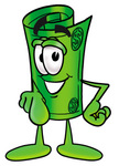 Clip Art Graphic of a Rolled Greenback Dollar Bill Banknote Cartoon Character Pointing at the Viewer