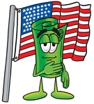 Clip Art Graphic of a Rolled Greenback Dollar Bill Banknote Cartoon Character Pledging Allegiance to an American Flag