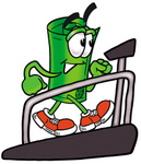 Clip Art Graphic of a Rolled Greenback Dollar Bill Banknote Cartoon Character Walking on a Treadmill in a Fitness Gym
