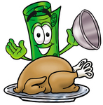 Clip Art Graphic of a Rolled Greenback Dollar Bill Banknote Cartoon Character Serving a Thanksgiving Turkey on a Platter