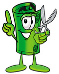 Clip Art Graphic of a Rolled Greenback Dollar Bill Banknote Cartoon Character Holding a Pair of Scissors