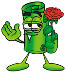 Clip Art Graphic of a Rolled Greenback Dollar Bill Banknote Cartoon Character Holding a Red Rose on Valentines Day