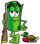 Clip Art Graphic of a Rolled Greenback Dollar Bill Banknote Cartoon Character Duck Hunting, Standing With a Rifle and Duck