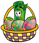 Clip Art Graphic of a Rolled Greenback Dollar Bill Banknote Cartoon Character in an Easter Basket Full of Decorated Easter Eggs