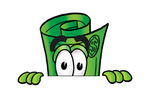 Clip Art Graphic of a Rolled Greenback Dollar Bill Banknote Cartoon Character Peeking Over a Surface