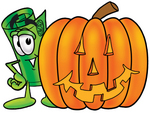 Clip Art Graphic of a Rolled Greenback Dollar Bill Banknote Cartoon Character With a Carved Halloween Pumpkin