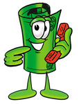 Clip Art Graphic of a Rolled Greenback Dollar Bill Banknote Cartoon Character Holding a Telephone