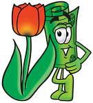 Clip Art Graphic of a Rolled Greenback Dollar Bill Banknote Cartoon Character With a Red Tulip Flower in the Spring