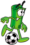 Clip Art Graphic of a Rolled Greenback Dollar Bill Banknote Cartoon Character Kicking a Soccer Ball