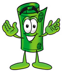 Clip Art Graphic of a Rolled Greenback Dollar Bill Banknote Cartoon Character With Welcoming Open Arms
