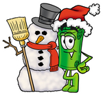 Clip Art Graphic of a Rolled Greenback Dollar Bill Banknote Cartoon Character With a Snowman on Christmas