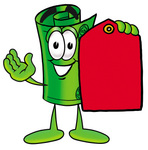 Clip Art Graphic of a Rolled Greenback Dollar Bill Banknote Cartoon Character Holding a Red Sales Price Tag