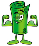Clip Art Graphic of a Rolled Greenback Dollar Bill Banknote Cartoon Character Flexing His Arm Muscles