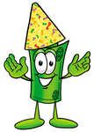 Clip Art Graphic of a Rolled Greenback Dollar Bill Banknote Cartoon Character Wearing a Birthday Party Hat