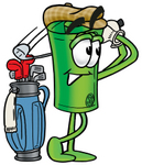 Clip Art Graphic of a Rolled Greenback Dollar Bill Banknote Cartoon Character Swinging His Golf Club While Golfing