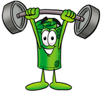 Clip Art Graphic of a Rolled Greenback Dollar Bill Banknote Cartoon Character Holding a Heavy Barbell Above His Head