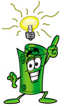 Clip Art Graphic of a Rolled Greenback Dollar Bill Banknote Cartoon Character With a Bright Idea