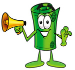 Clip Art Graphic of a Rolled Greenback Dollar Bill Banknote Cartoon Character Holding a Megaphone