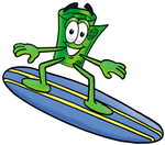 Clip Art Graphic of a Rolled Greenback Dollar Bill Banknote Cartoon Character Surfing on a Blue and Yellow Surfboard