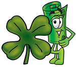 Clip Art Graphic of a Rolled Greenback Dollar Bill Banknote Cartoon Character With a Green Four Leaf Clover on St Paddy’s or St Patricks Day