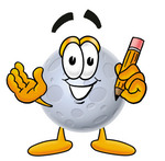 Clip Art Graphic of a Full Moon Cartoon Character Holding a Pencil