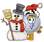 Clip Art Graphic of a Full Moon Cartoon Character With a Snowman on Christmas