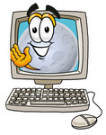 Clip Art Graphic of a Full Moon Cartoon Character Waving From Inside a Computer Screen