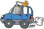 Clip Art Graphic of a Wired Computer Mouse Cartoon Character Driving a Blue Car and Waving