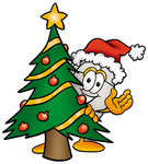 Clip Art Graphic of a Wired Computer Mouse Cartoon Character Waving and Standing by a Decorated Christmas Tree