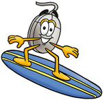 Clip Art Graphic of a Wired Computer Mouse Cartoon Character Surfing on a Blue and Yellow Surfboard