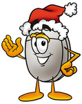 Clip Art Graphic of a Wired Computer Mouse Cartoon Character Wearing a Santa Hat and Waving