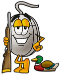 Clip Art Graphic of a Wired Computer Mouse Cartoon Character Duck Hunting, Standing With a Rifle and Duck