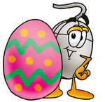 Clip Art Graphic of a Wired Computer Mouse Cartoon Character Standing Beside an Easter Egg