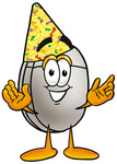 Clip Art Graphic of a Wired Computer Mouse Cartoon Character Wearing a Birthday Party Hat
