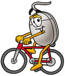 Clip Art Graphic of a Wired Computer Mouse Cartoon Character Riding a Bicycle