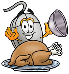 Clip Art Graphic of a Wired Computer Mouse Cartoon Character Serving a Thanksgiving Turkey on a Platter