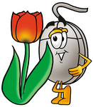 Clip Art Graphic of a Wired Computer Mouse Cartoon Character With a Red Tulip Flower in the Spring