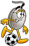 Clip Art Graphic of a Wired Computer Mouse Cartoon Character Kicking a Soccer Ball